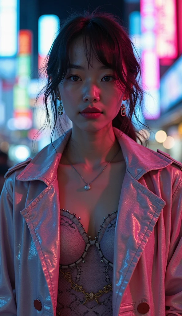 A Korean female kpop singer, with curly hair wearing swag style clothes