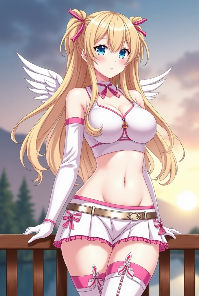 1_girl, (anime, kawai:2), (masterpeice, best_quality, clean:1.5), (sky_background:1.2), (cute, cute_smile, young:1.5), (delicate, extremely_delicate, beautiful, thin:1.5), (girlfriend, angel:1.8), (green_eyes, simple_eyes:1.8) (long_hair, blond_hair, wearing_pink_dress, pink_angel_wings, sexy_gloves:1.5), extremely_delicate, (love_magic:1.5), (age_size_fits_body), (small_thighs:1.3), (breasts), (eye_level:1.3), (heart_magic, love:1.5), (folded_legs:1.5), (bikini:1.5)