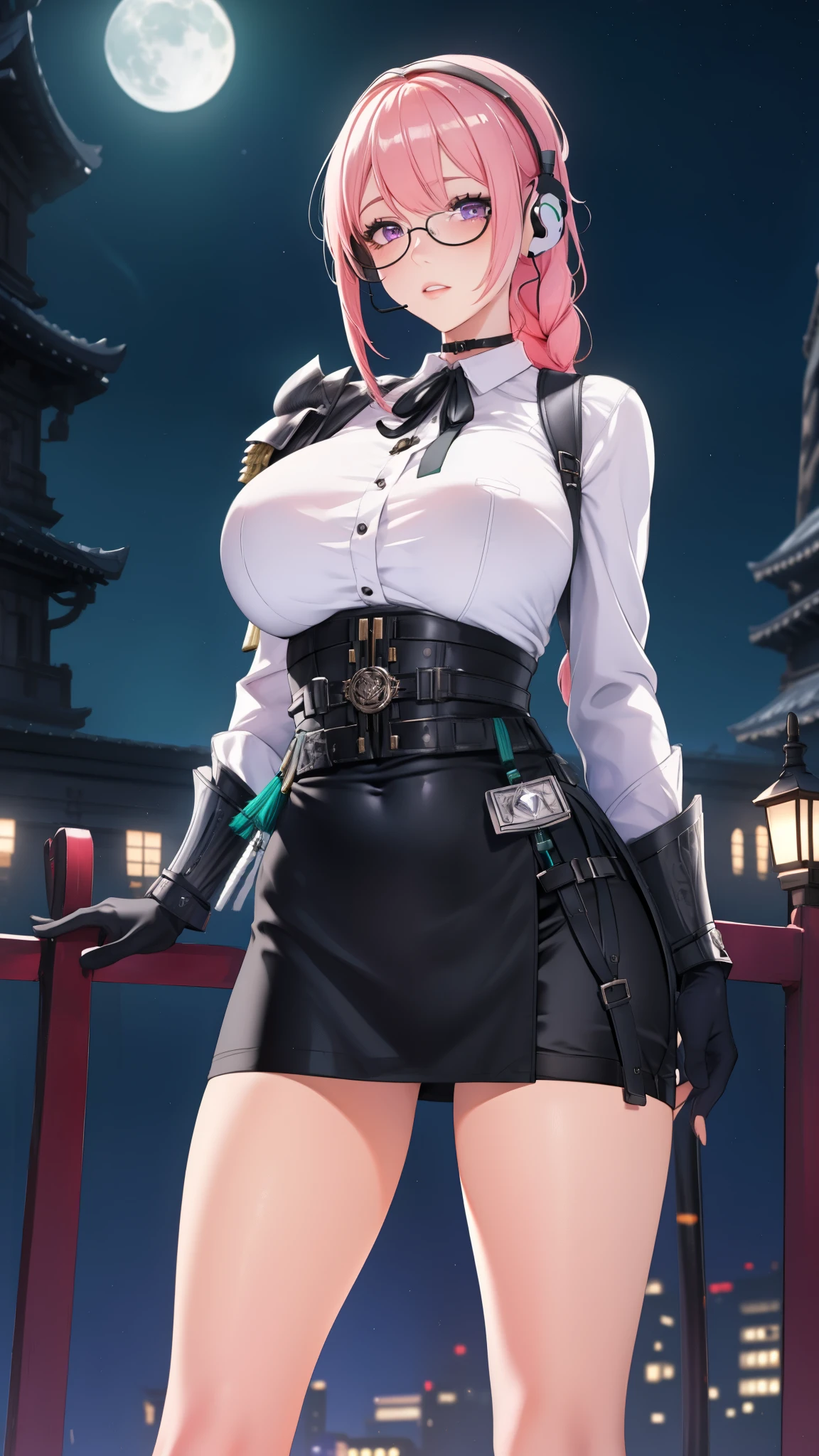 bright clothes, a girl, (Yanagi Tsukishiro ), Alone, Standing, front view, looking at the viewer , long braided hair pink, beautiful eyes , detailed eyes , purple eyes shirt, huge breasts, sensual lips, ((simple samurai armour shoulder pad)) , ((earpiece for the right ear)), harness, glasses, choker :1.6, black gloves, ((high-waisted shiny black miniskirt)), ((White shirt with collar)), (black ribbon for the chest), (dark green neck strap), shy expression , , biblioteca antigua Gothic style, Gothic style, at night