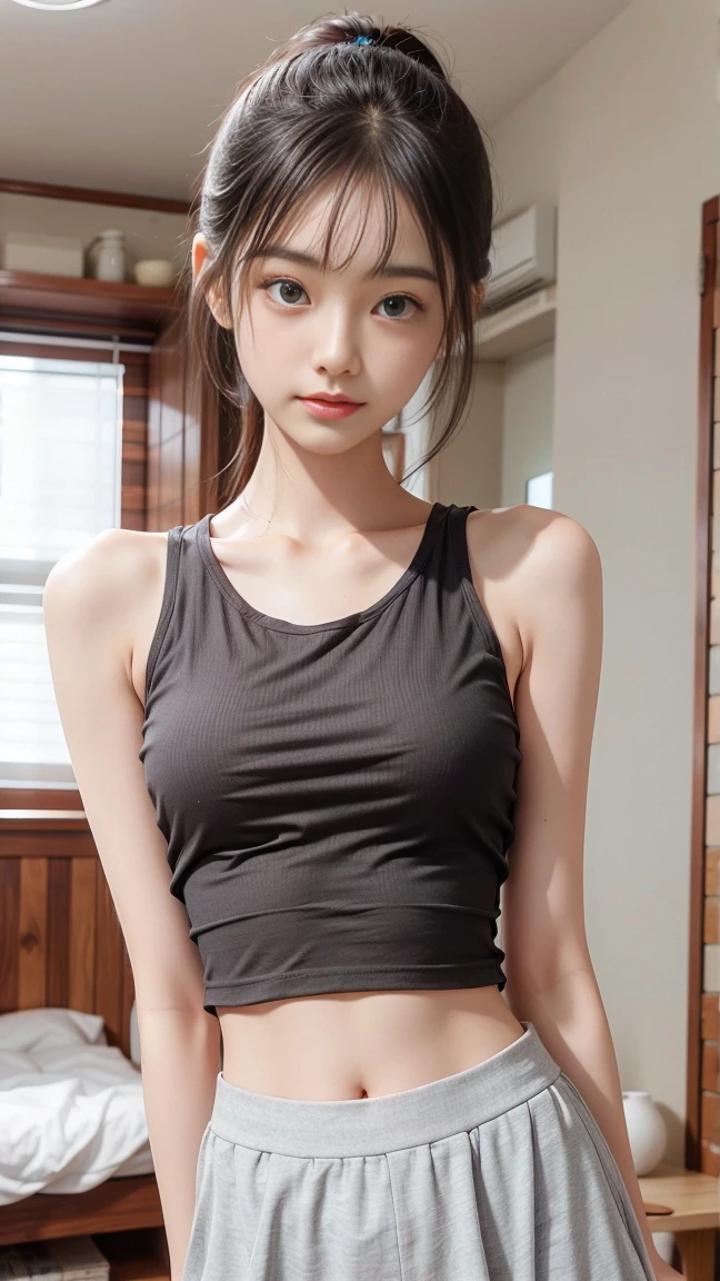 (Highest image quality, Highest image quality, Super A High Definition), (Raw photo, Realism 1.4), (flat chest), Fine skin, Fine face, Cute, AKB Girl, Teen Girls, Small breasts, Perfect Skin, thighs thighs thighs thighs, Medium Hair, Perfect, Brown hair, Brown eyes, Gravure Pose、Full body, (((Spread)), shiny, ((Cute cropped tank top))、panties on, Smile,