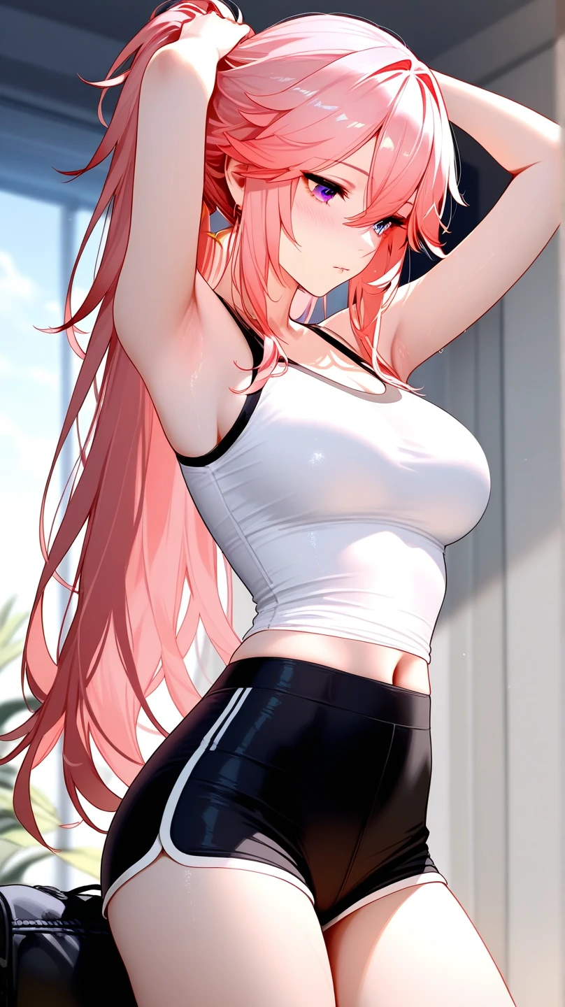 melhor qualidade, ultra high resolution, foto tirada, (fotorrealista:1.4), 1 garota, Meninas fisiculturista, garota musculosa, sorriso,
Na Academia, Tank top cinza, leggings rosa, Olhar, ((( bonita alta))), (((Cabelo Muito Curto))), corpo todo, belos olhos, rosto bonito, sorriso luminoso, (((Bunda redonda:1.3))), ((bunda grande)), ((Cabelo escuro,))