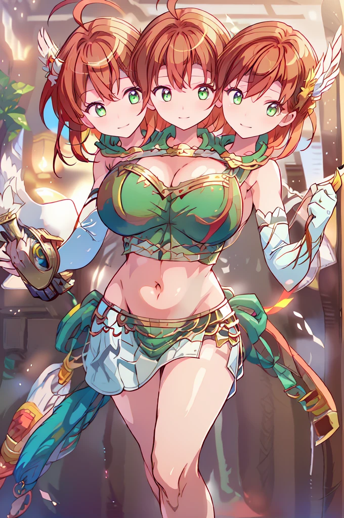 (masterpiece, best quality), best quality, (ultra-detailed), (3heads:1.5), 1girl, (son biten:1.3), masterpiece, best quality, ultra quality, ultra resolution, ultra detail, lime, orange, and blue top, crop top, ((stomach)), midriff, ((groin)), lime, orange, and blue skirt, normal ears, shackles, short brown hair, very long hair, wavy hair, sidelocks, crimson eyes, detailed eyes, parted lips, headband, sweat, cute, toned belly, hand on own chest, eyelashes, (25 year old woman:1.3), (masterpiece:1.5), (best quality:1.5), (beautiful detailed), extremely detailed CG, extremely delicate and beautiful, depth of field, (finely detailed face), (perfect details:1.2), (mature female:1.3), wide pelvis, slender, large veiny breast, 16k resolution, highres, high quality, high definition, extremely detailed, masterpiece, short brown hair, long hair, alluring presence, braid, short skirt, close up, very big tits, huge tits, young, bob cut, pigtails, monkey tail,