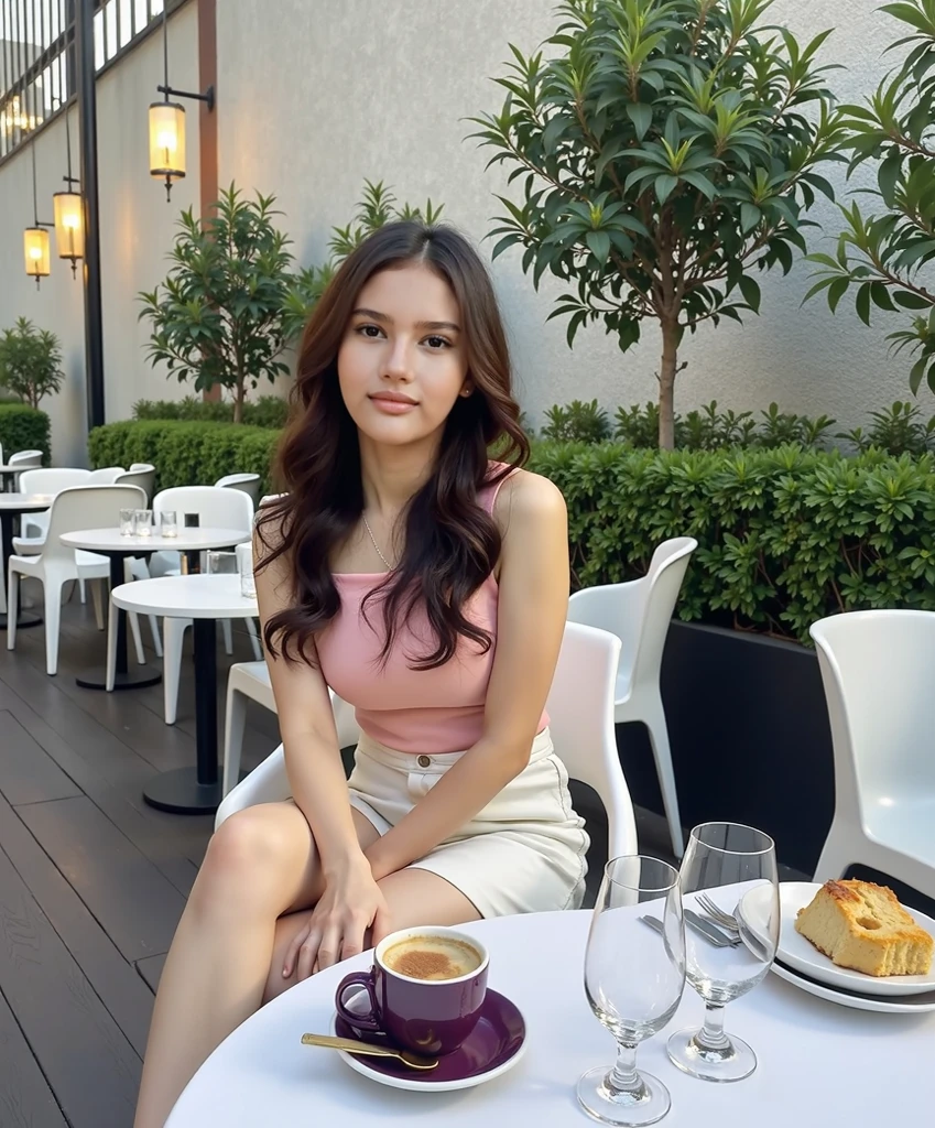 Create a very realistic and beautiful model with the following detailed features: Gender: Female, Age: Young adult (approximately 20-25 years old), Hair: Long, wavy and reddish with a natural shine, gently cascading around the shoulders and back back. . . . . . . . . . . , Eyes: Bright green with a captivating, slightly almond-shaped look, detailed with natural highlights, Skin: Fair complexion with a light texture, including natural freckles on the nose and cheeks, giving a youthful and vibrant appearance: Fair complexion with a light texture, including natural freckles on the nose and cheeks, giving a youthful and lively appearance, Face: with a smooth and natural contour, soft, full lips with a slight pinkish tint and a slightly delicate upturned nose, Expression : a gentle face, with a touch of mischief, which conveys warmth and approachability, Clothing: a flowing orange dress, bright orange color, Context: the model is on an elegant, flowery street, sitting at a table in an open-air restaurant , glass of iced tea on the table, , clear sunny day, view of trees in the background.
Pose: relaxed and confident posture, sitting at a table in an outdoor restaurant, glass of iced tea on the table, , clear sunny day, view of trees in the background.aesthetic, Unsplash, Neoclassicism, Background complex, Best quality, hyper detailed, Gratty Sita, 64K, Light design