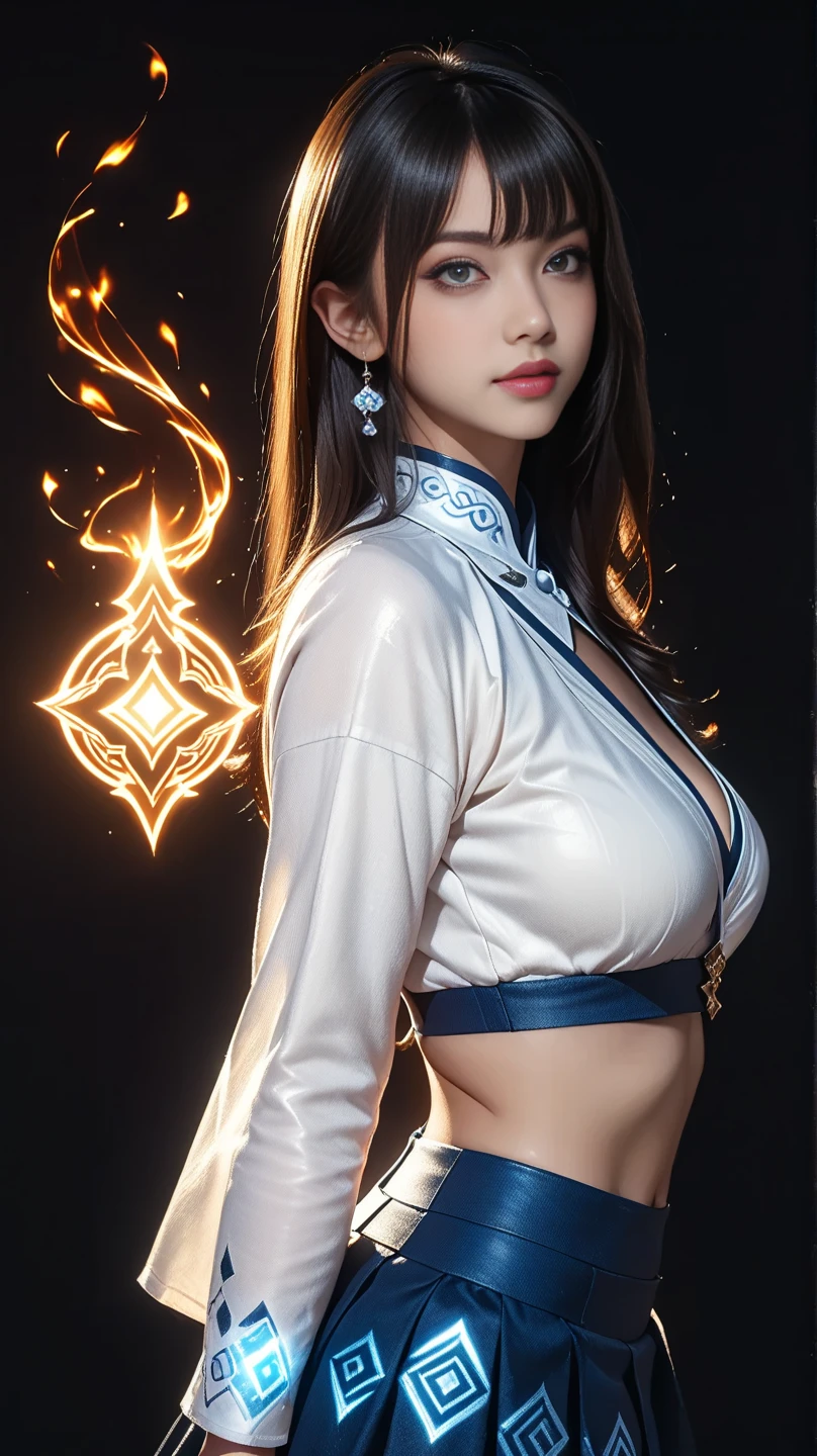 Upper Body, One girl, Gray Hair, ponytail, Purple eyes, (Ninja), dagger, Medium Breasted ,scarf, wallpaper, magic circle background, Particles of light, Blue Fire,Nipples are visible、smile