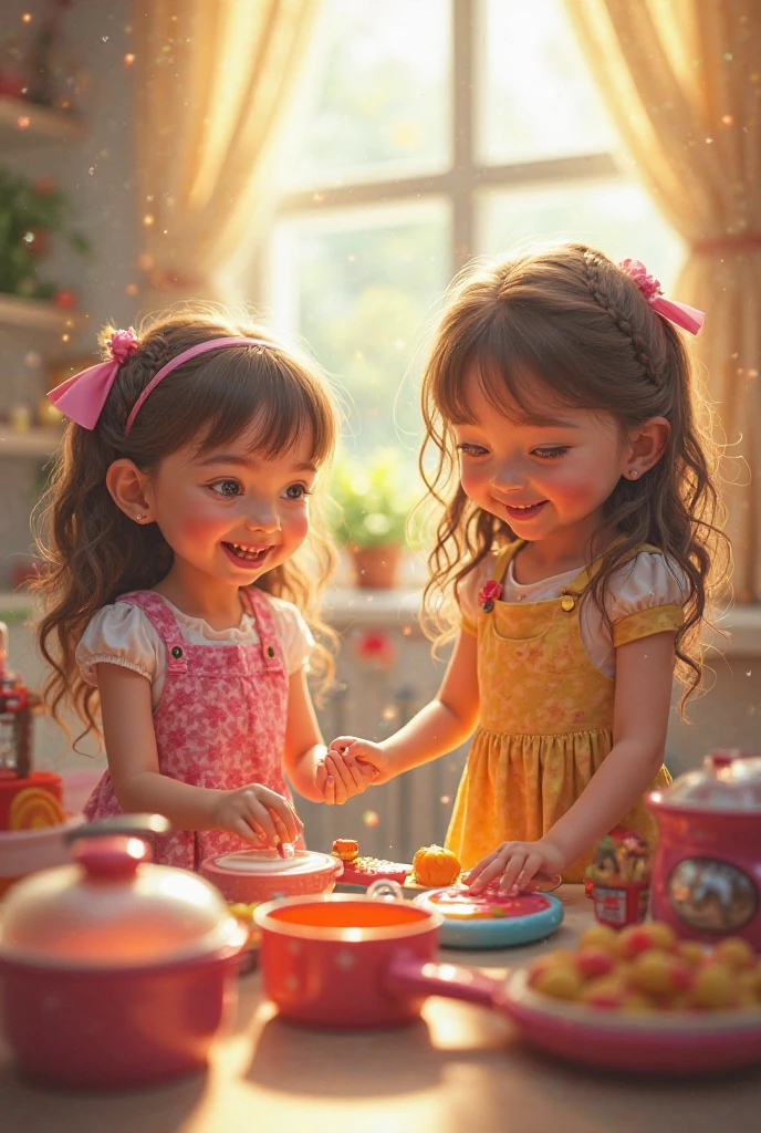 Create a picture of two girls playing with a toy kitchen that has real food