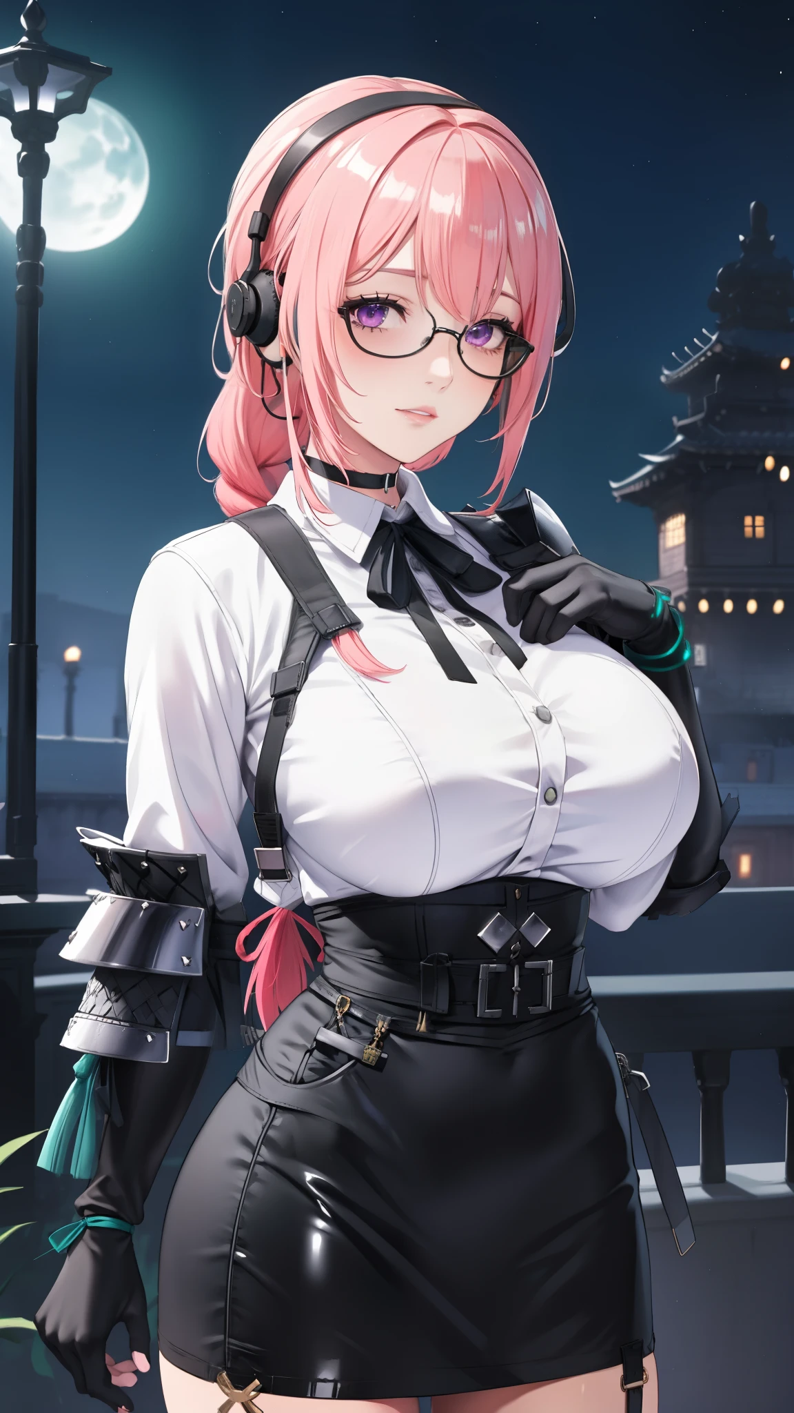 bright clothes, a girl, (Yanagi Tsukishiro ), Alone, Standing, front view, looking at the viewer , long braided hair pink, beautiful eyes , detailed eyes , purple eyes shirt, huge breasts, sensual lips, ((simple samurai armour shoulder pad)) , ((earpiece for the right ear)), harness, glasses, choker :1.6, black gloves, ((high-waisted shiny black miniskirt)), ((White shirt with collar)), (black ribbon for the chest), (dark green neck strap), shy expression , , biblioteca antigua Gothic style, Gothic style, at night