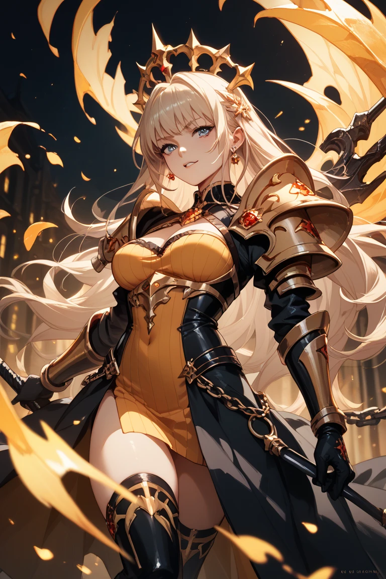 ((highest quality)),(ultra high resolution),(Super detailed),(detailed description),((best CG)),(best work of art),super precision art,amazing drawing art,(Fantasy art with precise details:1.5), (female magic night:1.8),(beautiful and well-shaped face:1.7),(Polished armor with intricately detailed carvings:1.8),(shiny blonde ponytail:1.6), A circlet inlaid with sparkling gems:1.6,A magic circle is floating around her.:1.6,dynamic pose