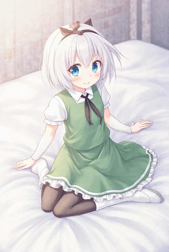 A white deer,white color hair,Green-eyed,shota,lovely boy,Bedrooms,pantiess,Wearing light green maid outfit,White socks,deer antlers,a skirt,window,rays of sunshine,One guy,White stockings,Get down on the bed,clean sheets,throw on bed