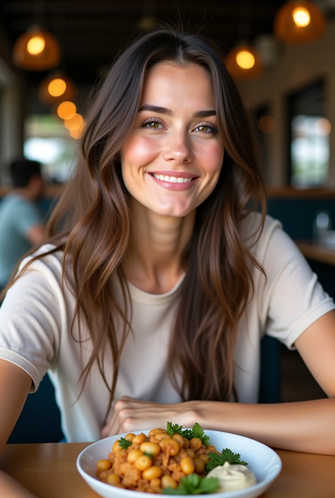 Create a highly realistic image of a young woman in her early 20s. She has medium-length brown hair with soft waves, green eyes, and a warm smile. She’s wearing a casual outfit: a light blue blouse and jeans. The background is a modern, bright café with natural lighting.