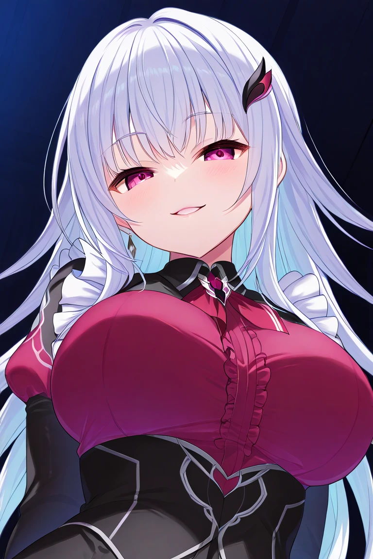 tmasterpiece, best qualtiy, ultra - detailed, 1girll,Gray hair Kokona, inside in room, Purple eye, :3,the face closeup cleavage, Christmas sweater, Christmas atmosphere