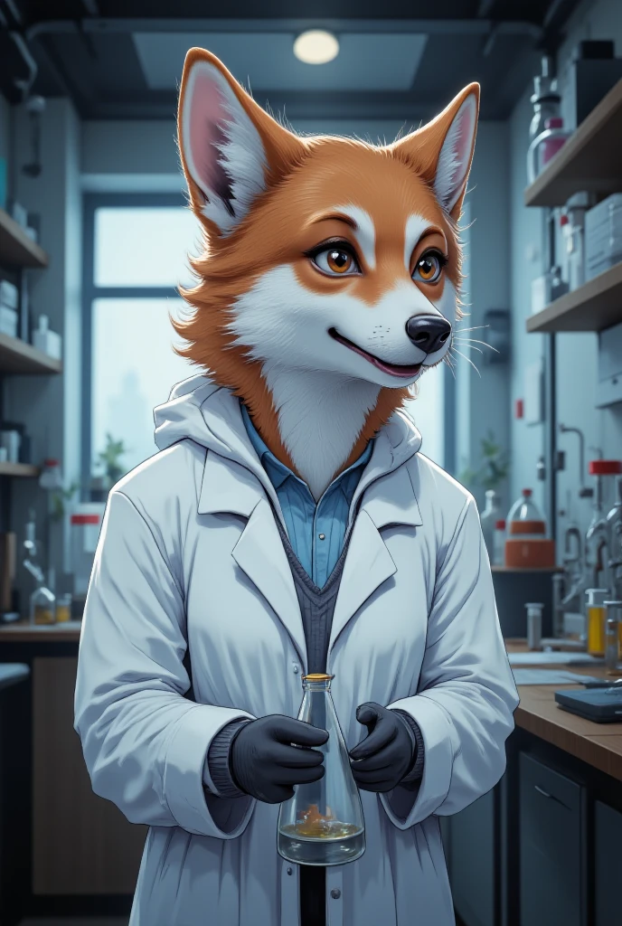 A fox dressed as a doctor and experimenting on laboratory mice.