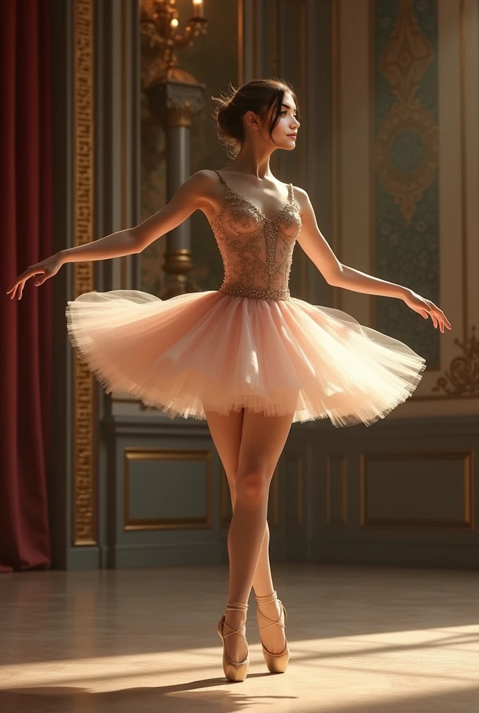Create an image that has a tutu, pointe shoes and music notes.