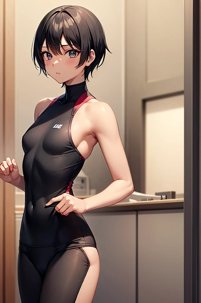 masterpiece, best quality,anime style, 1 girl,(((slender body))), (((small eyes,small breast))),(((athlete suit))), (beautiful face), (((short hair))), (((straight hair))), ((((black hair)))),detailed beautiful skin, (perfect hands, perfect anatomy),scream