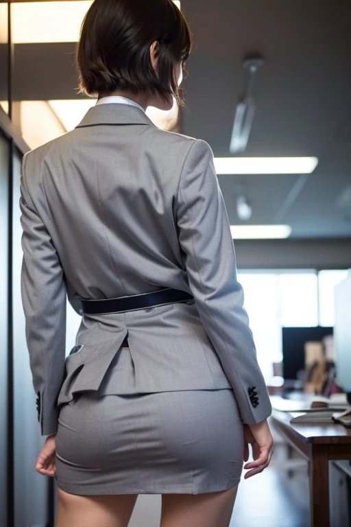 (Top Quality, 8k, 32k, Masterpiece, UHD: 1.2), 1 girl, beautiful Japan woman, thin waist, gray suit, open jacket, office lady, white suit, pants, from behind, office, desk, (sticking out buttocks: 1.2), fine face, short hair,