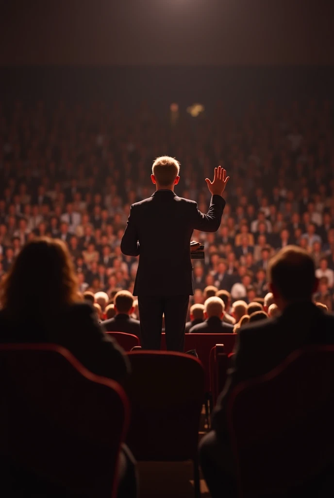 A man is speaking in front of a crowd, HD quality, High resolution, many people are watching