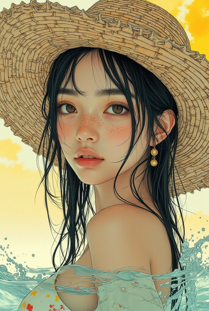 Gentle and charming Chinese beautiful woman, half-length photo, delicate and sexy collarbone, charming oval face, double eyelids, vivid peach blossom eyes, pink lips, small nose, bare shoulders, focused face, face close-up, ultra-high-definition, Super details, elegant standing posture, ultra-thin light-transmitting wet yarn