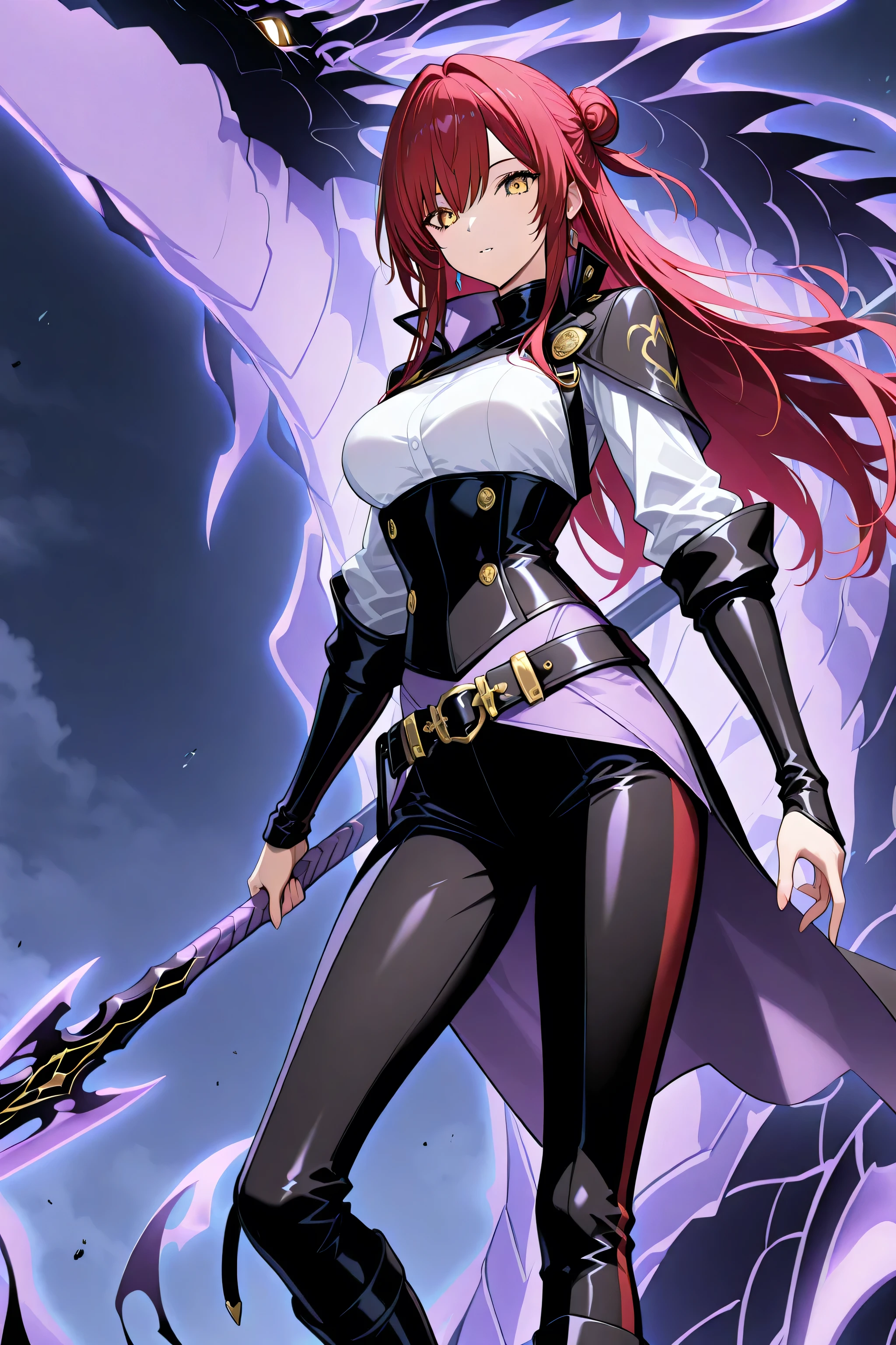  1 girl , red hair , long hair , simple bun , side stripes , golden eyes , medium breasts , sexy, cute, handsome, Cool,   beautiful,   black pants with pockets on the sides, Weapon belt around the waist , white top with black corset ,  black boots, mysterious atmosphere, in the background a shadowdragon, solo leveling style, black and purple shadow dragon,  BREAK masterpiece), (highest quality), (very detailed), (the best shape), (best shadows), (absurd), (so beautiful), beautiful eyes in every detail, unusual, 8k, 32K, high resolution, very detailed e CG, score_9, score_8_high, score_7_high, Those_anime_series, cinematic,