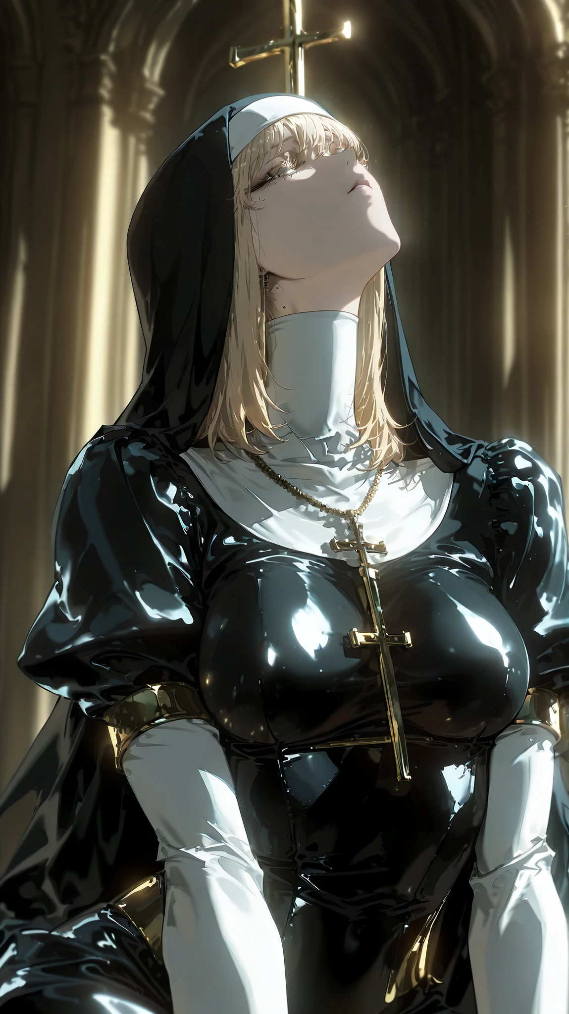 1girl, solo, alone, nun, cross necklace, dark_art_style, masterpiece, highres