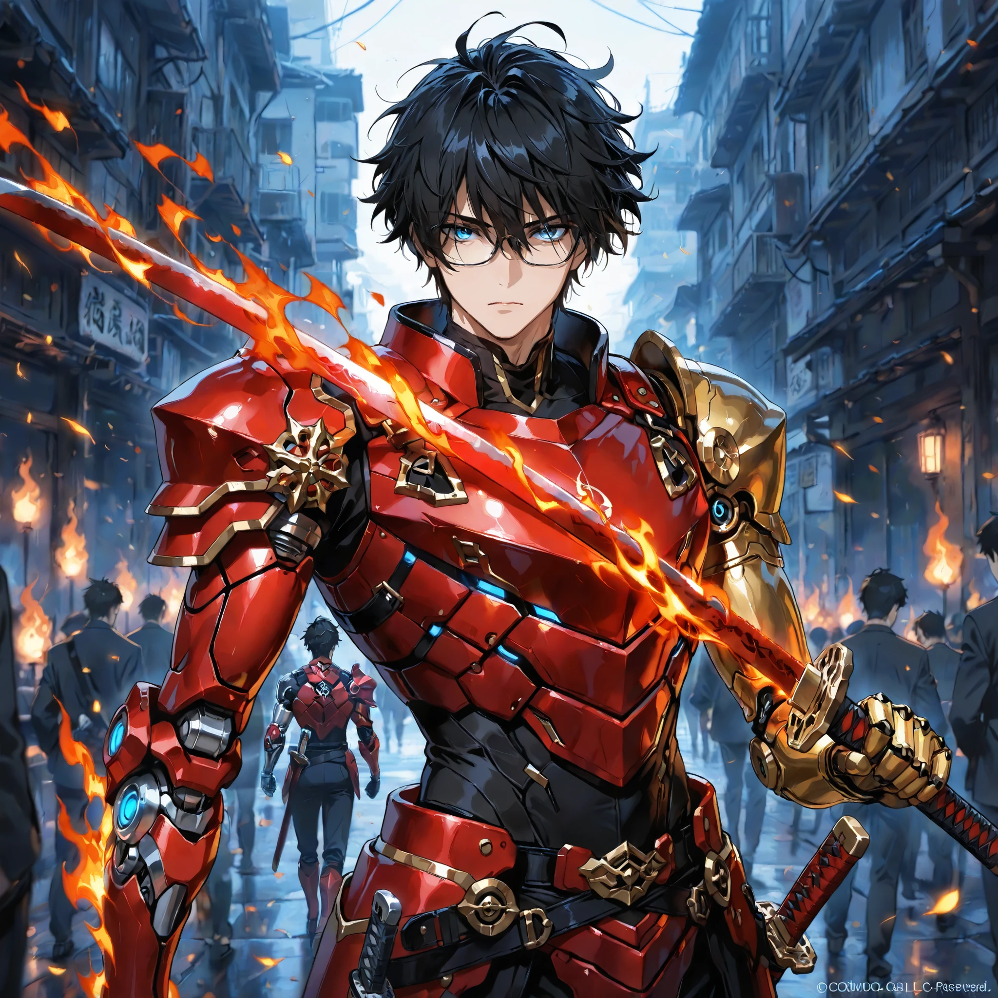 Male, Adult, Black Hair, Blue Eyes, Silver And Gold Left Prosthetic Arm, Masterpiece Quality, Solo Image, Messy Hair, Single Prosthetic Arm, Masculine Face, Quality Eyes, Crimson and Black Sleek Armor, Glowing Red Katana, Katana surrounded by Wind And Flames, Glasses, Neutral Expression, Green Flowing Wind