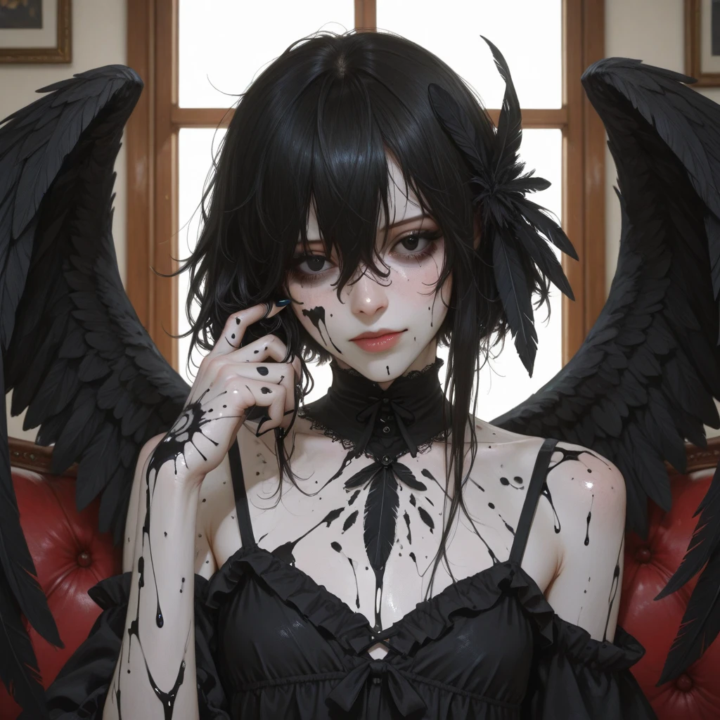 absurdres, 1girl, medium breast, star eye, blush, (realistic:1.5), (blue eyes:0.7), (short hair:1), (masterpiece, Extremely detailed CG unity 8k wallpaper, best quality, highres:1.2), (ultra_detailed, UHD:1.2), (pixiv:1.3), perfect illumination, distinct, (1girl:1.4), (bishoujo:1.2), looking at viewer, unreal engine, sidelighting, perfect face, detailed face, bangs, perfect body, beautiful eyes, pretty face, (bright skin:1.4), idol, (abs), ulzzang-6500-v1.1, (navel), ruins, dark place, night, dark aura, fire, burning, (blood on face:1.4), (evil smile:1.3), (black wings:1.5), close-up, (bodysuit:1.5)