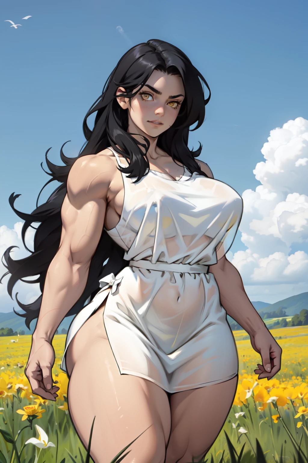 (massive female bodybuilder) (huge breasts) thick sunny sky clouds black hair yellow eyes (gold sundress) black hair yellow eyes pale skin solo joyful long straight hair long straight hair long straight hair long straight hair long straight hair long straight hair long straight hair long straight hair long straight hair