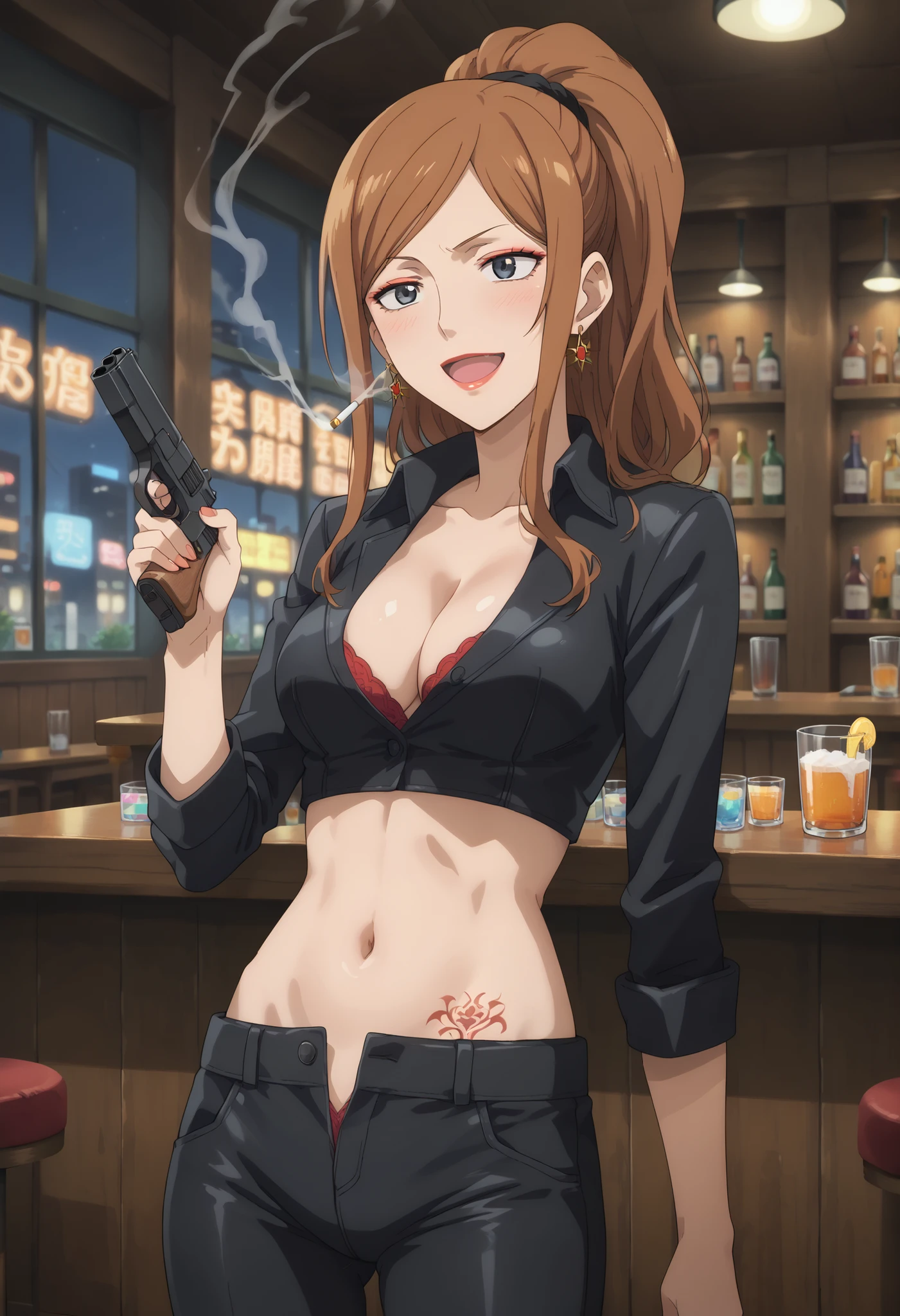 1girl, solo, hinakodesu2, (orange hair:1.2), (long hair:1.2), orange eyes, gloves,  standing, large breasts, Hot girl, baddie, bad attitude, mean girl,crazy, smoking, sensual, attractive,
blush, lipstick,  bar background, inside bar, indoor, masterpiece, best quality, highly detailed, a girls with a gun, evil smile , open mouth, sexy gaze, badass
pose , evil smile, smile, guns blazing, anime girl with long hair, beautiful long
haired girl, navel, evil expression, exposed belly, exposed navel, exposed midriff, exposed lower belly,
long black pants, crop top, cleavage, unbuttoned leather pants ,open fly, low rise black leather pants,
leather jacket, holding a gun, holding pistol,
