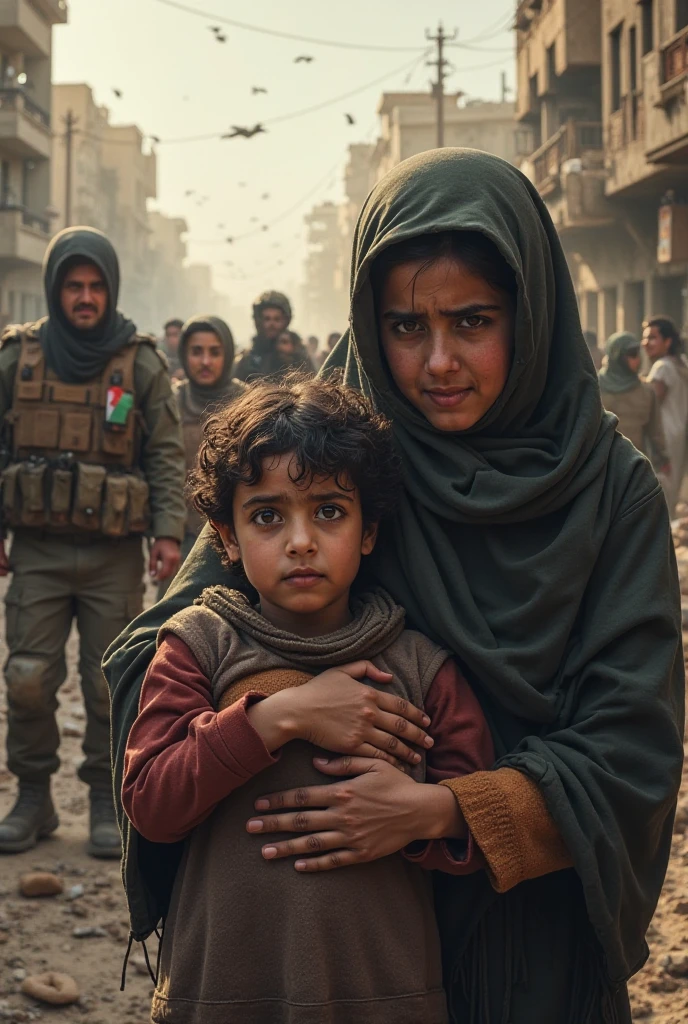 tender moment between mother and Aisha, with motherholding Aisha close and whispering words of strength, their expressions calm despite the chaos outside.