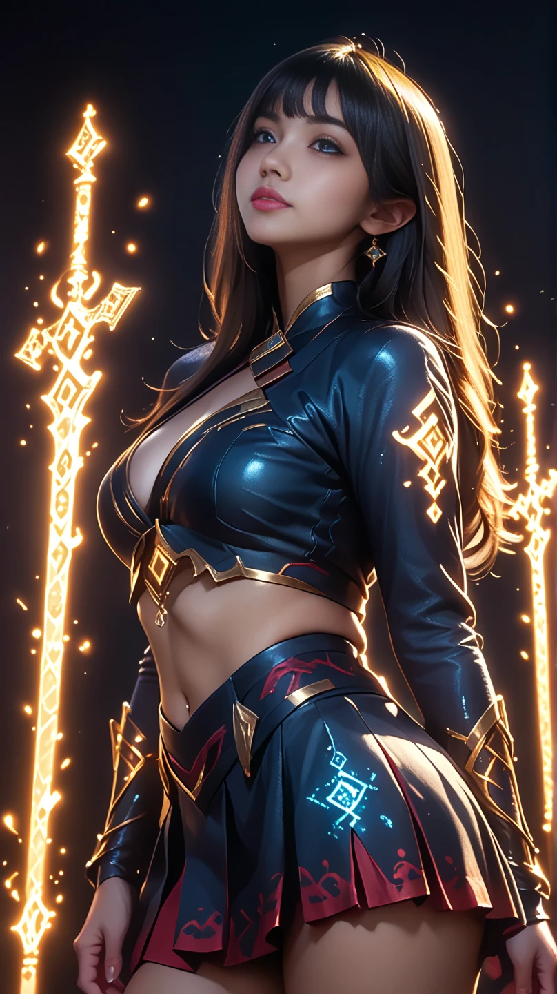 a terrain-based female with spotted skin, shimmering clothes, and a notable aura, she has an engraved, iconic trinket that shines, set against a vapor and sharp characters, illustrate her with an impassioned, upward-looking expression, amidst an arcane, richly hued, and distorted scene