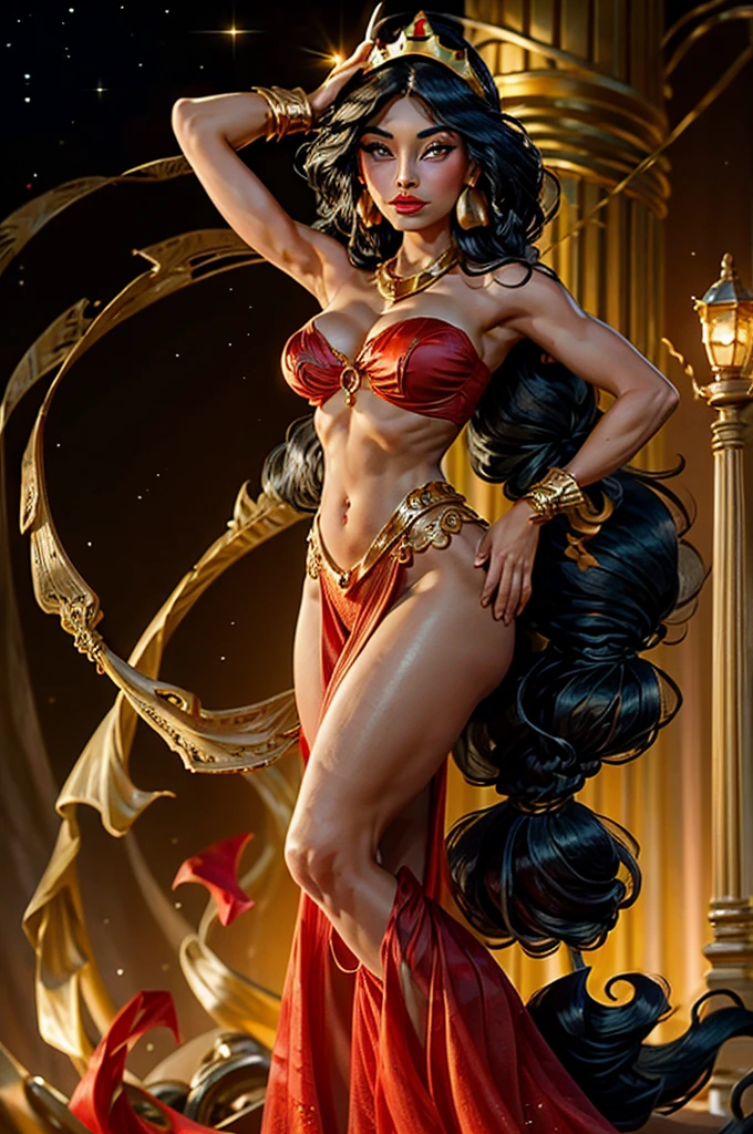 25 year old black woman, curly hair with strands falling in front of the face, intense red lipstick, voluptuous curves, red gypsy clothes with golden details also using typical accessories, in a dance pose