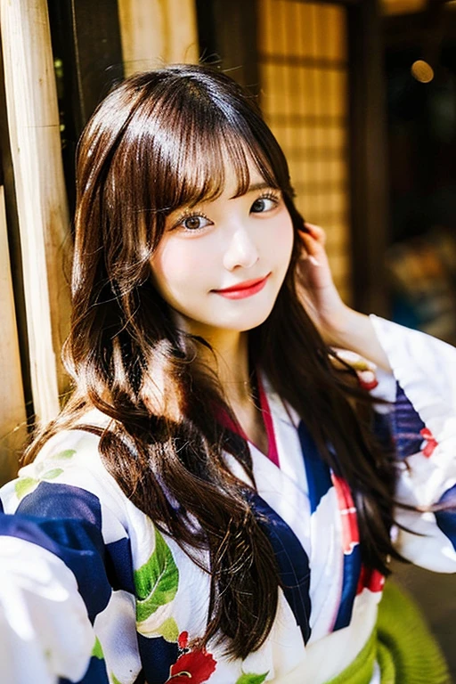 (8K、Raw photography、top-quality、masterpiece:1.2)、(realisitic、Photorealsitic:1.37)、ultra-detailliert、超A high resolution、女の子1人、see the beholder、beautifull detailed face、A smile、Constriction、(Slim waist) :1.3)、Beautiful detailed skin、Skin Texture、Floating hair、Professional Lighting、Whole human body、Braided hairstyle、Japanese Yukata、floral Yukata、Kimono、Colorful yukata、Bob Hair、E-cup、Happy smile、sixteen years old、Red ribbons、a baby face、Childish smile、Suppin、Moisturizing lips、Light pink lips、white backgrounid