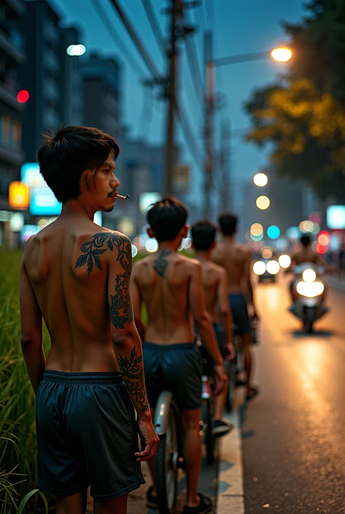 Full body image of handsome  Korean, 2 guys , 18 year olds standing sideways backs to the viewer, turn half face,rainy Bangkok alley, naked ass, 