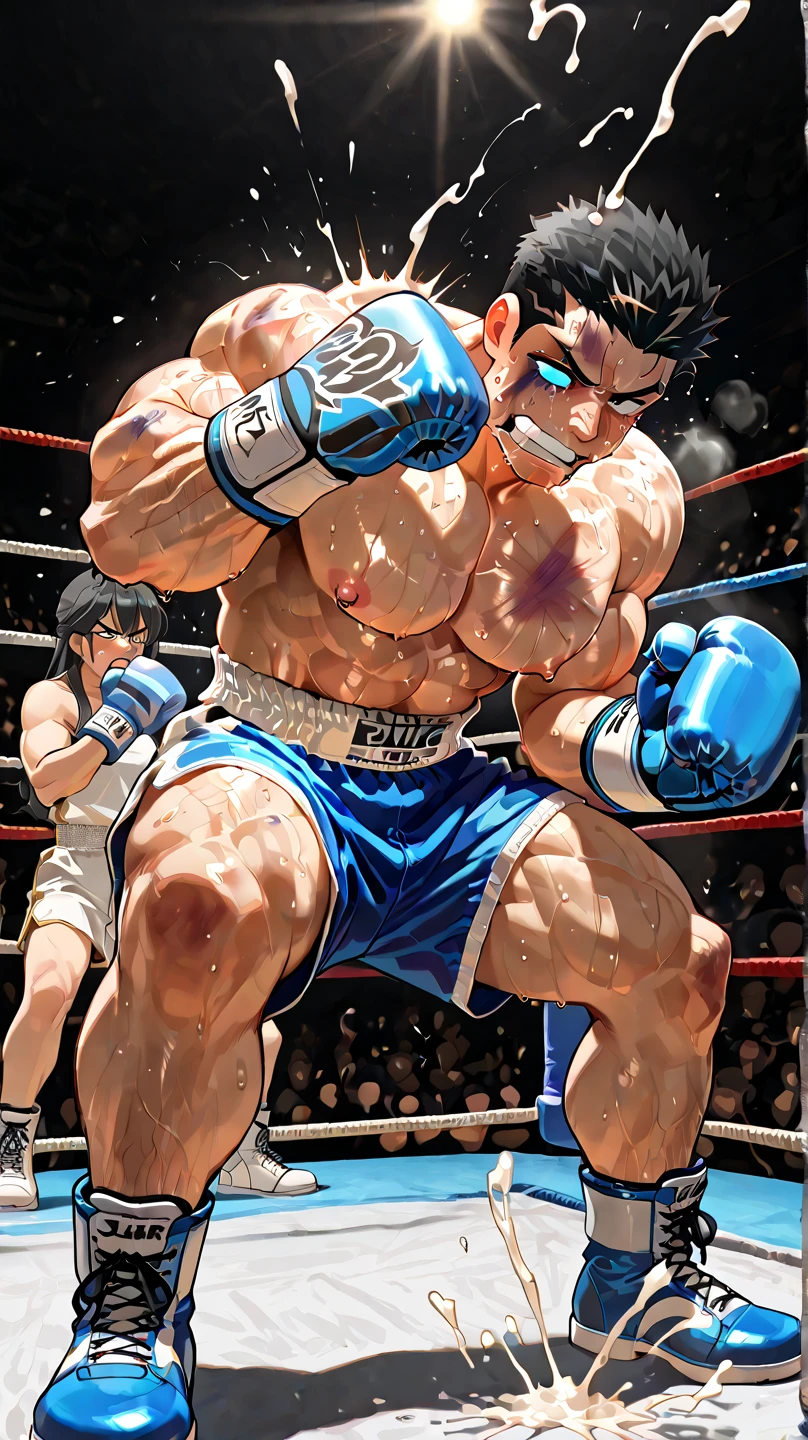Duo male(Brown Bear vs Brown Bear, handsomes, handsome hairstyle, tails, Thick eyebrows), gay(cuddling embraced, body against body, on a boxing match), hot(Shirtless), handsomes(They are handsomes, correct anatomy), musculosos(Big muscle bodies, Six packs, muscle abs, big pecs, muscle backs, muscle legs), sweaty(very sweaty wet bodies, shiny sweat), tatuajes(they have tattoos), grumpy(Both have an grumpy expression, grumpy teeths, steaming breath), boxing gloves(They both are wearing boxing gloves), UFC boxers(they both are wearing ufc boxers), Hight resolution, by(Zourik:1.1), comic panels
