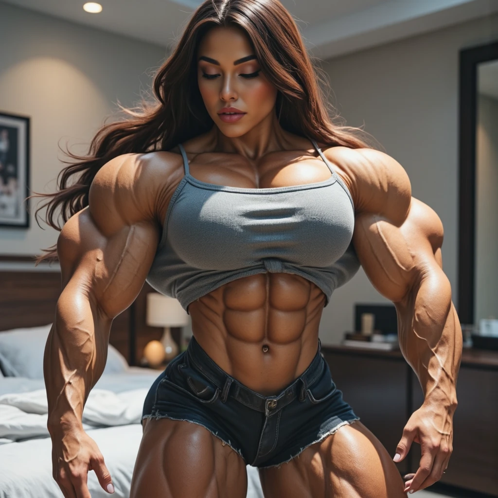 Hyper-realistic, gorgeous dominant Latina woman, most ethereally gorgeous and hot girl in the world, incredibly sexy makeup, dominant seductive smirking expression, lush sexy lips, sultry closed eyes, smooth taut very dark suntan skin, caressing her abs, lean shapely bulging taut muscles, sexy dense muscular thighs, giant muscles burgeoning out of shirt, wearing baggy long sleeve sweater, tight shorts, flowing brown hair, perfect female bodybuilder physique, exaggerated incredibly solid massive muscular figure, dominating demeanor, bedroom, dominating atmosphere,8K,HDR, depth of field.