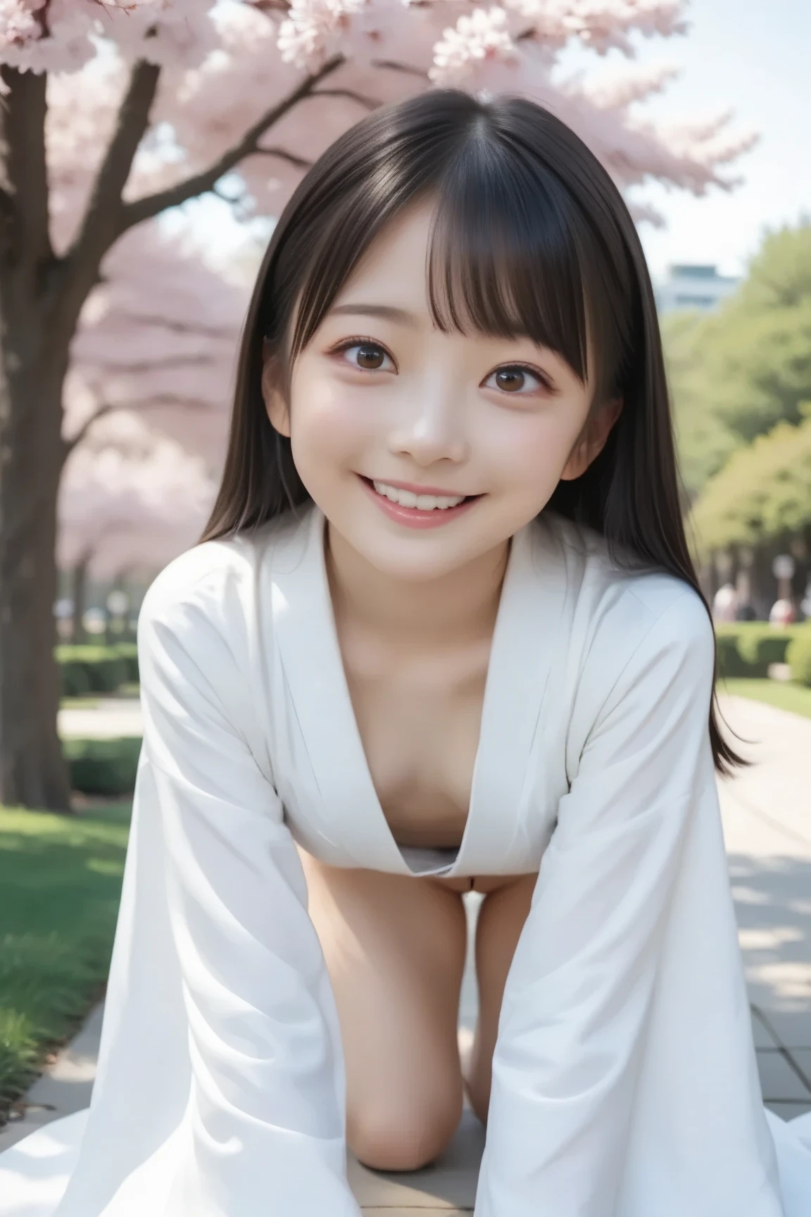 neat college girl、petite person、(((Naked white bathrobe、very small chest、flat breast、Chest without bulge、white panties、 girl、Hands behind your back、squatting、From above)))、Outside the field、(Slimed、small tit、flat boobs、small boobs)、Photorealsitic、detaileds, Skin texture, ultra-detailliert、Delicate and sexy collarbone、a smile、Super detailed face、detailed lips、A detailed eye、二重まぶた、10years old girl