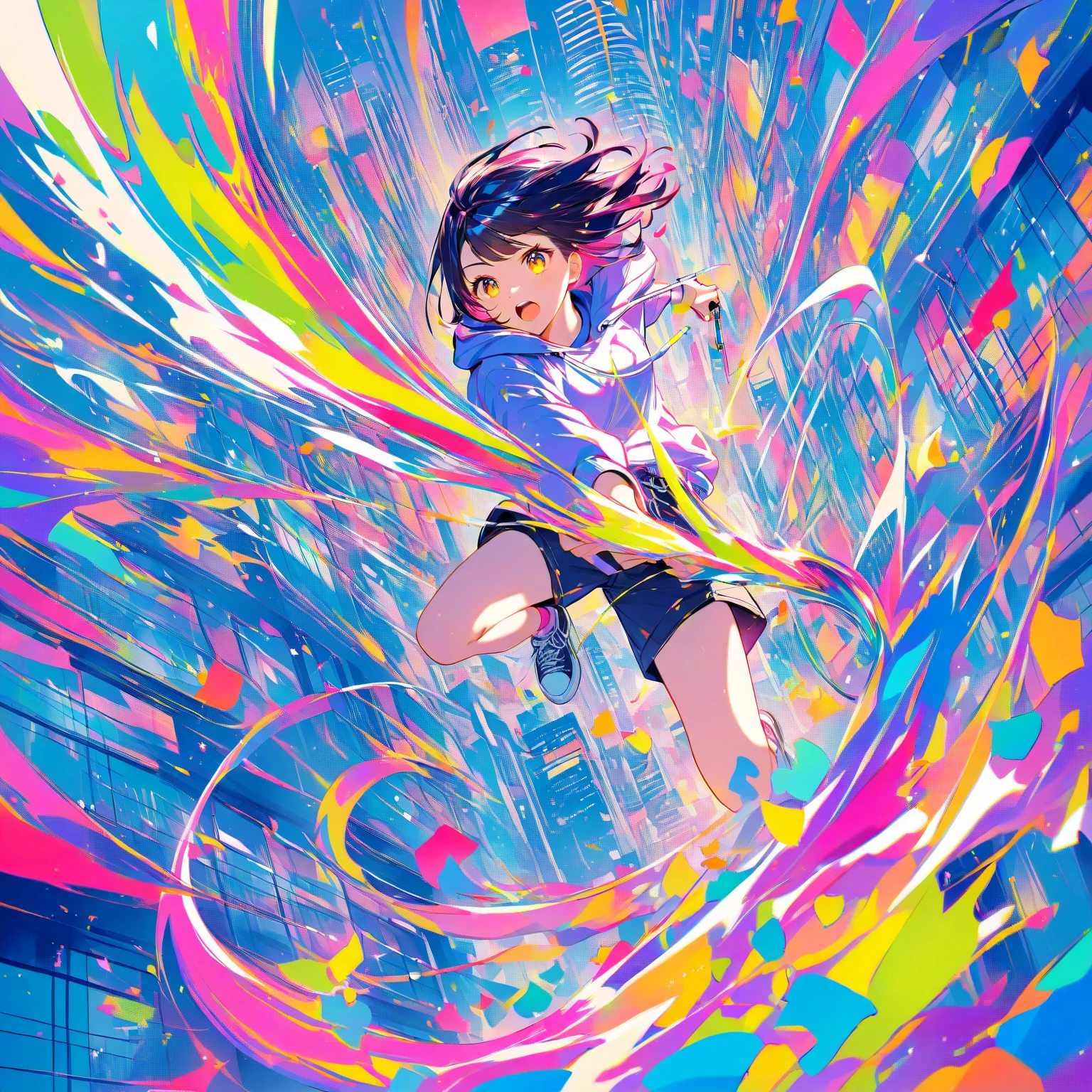 (masterpiece, Highest quality, Official Art:1.2), (colorful), Looking at the audience, One Girl, alone, White Background, floating colorful water, Ultra-fine illustrations, highly detailed, Dynamic Angle, beautiful detailed, 8k, break smiling amidst the colorful scenes, (Highest quality, masterpiece, High resolution, detailed), Anime Style, (Shining Eyes, detailed美しい顔), break,Dynamic Angle