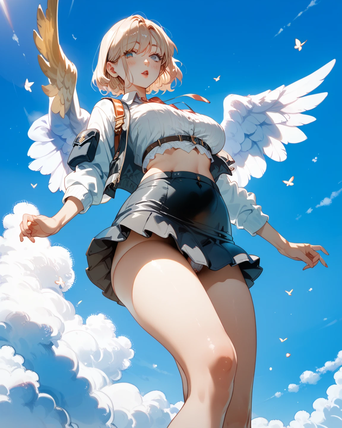 Realistic image, detailed image, 1 girl. She has sky blue eyes. She has blonde hair. with wings behind her back. She wears an oversized V-neck sweater, adorned with hearts. Pleated white miniskirt. Sneakers. Small breasts, narrow waist, wide hips and thick thighs. Arched back. Smile. White background. Uniform background. Volumetric light. Ambient light