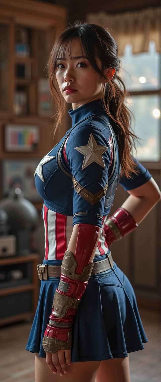 masterpiece, best quality, raw, (1girl:1.3), official art, unified 8k wallpaper, front view, full-body portrait, dynamic pose, amazing beauty, perfectly clean face, vibrant eyes, detailed delicate face looking at viewer smiling, challenging, wavy hair, flirtatious naughty woman with perfect round natural big breasts and big hard erect nipples peaking through clothes, she wears a futuristic Captain America jersey that exposes her nipples and her pussy, cameltoe, blue color scheme bodysuit, (holding a shield), A capital A on chest, messy, gorgeous, milky white, very detailed abandoned warehouse background, huge metropolis in future dystopia, detailed complex busy background, sharp focus, DSLR camera, seen from below, (perfectly illuminated body)