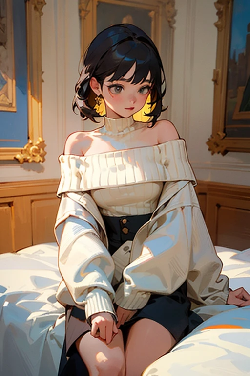 ((Highest quality)), ((masterpiece)), (detailed), One girl, Off-the-shoulder sweater, 