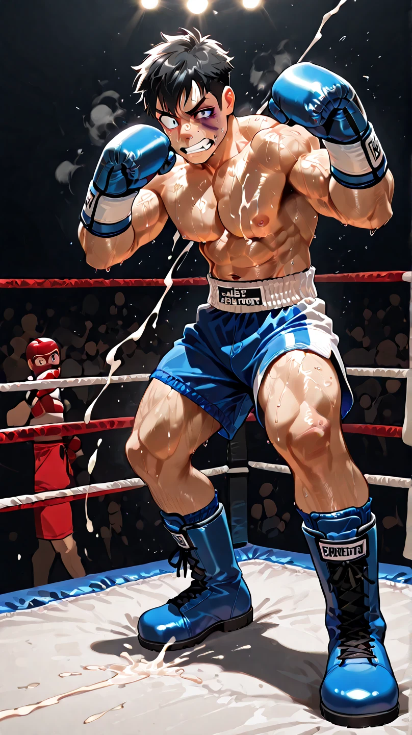 sexy mature daddy,stephen amell ,dark blond hair, stubble,beard and sexy moustache ,muscular , best quality, masterpiece, ultra high resolution, Detailed background, realism, illustration, single, muscles, Volumetric lighting, depth of field, beard, flow,wearing a boxing short , shirtless showing hard nipples , huge bulge, boxing gloves ,, martial artist, flow sweat, short dark blond hair, perfect eyes, barefoot, Boxing pose in the ring