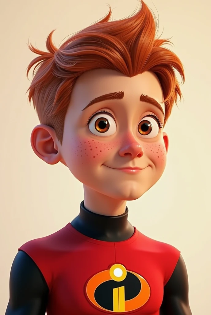 1 boy with a half black half red sweatshirt, brown eyes and orange-brown hair with red streaks, freckles and a robust body 