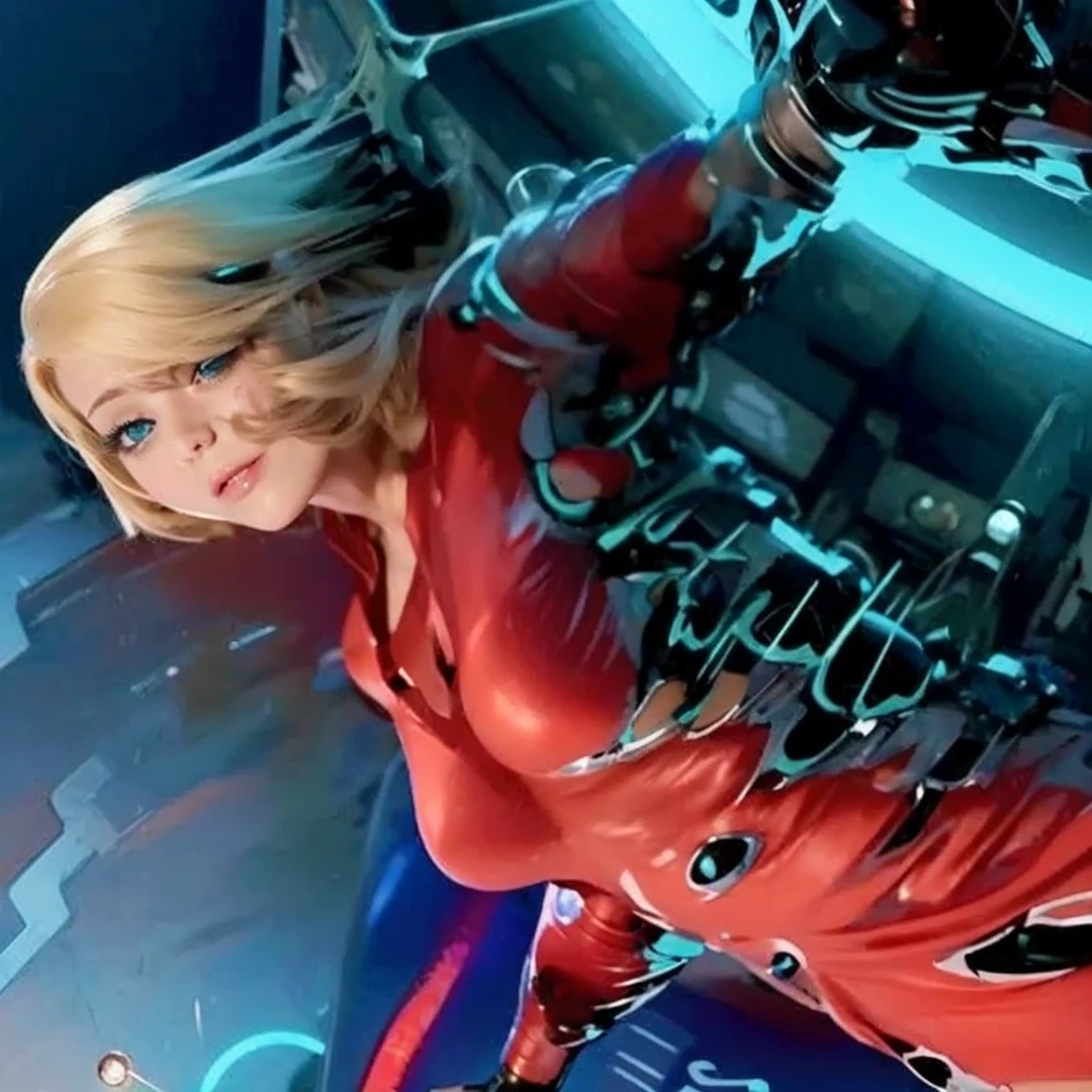 woman in a red leather jacket leaning on a circular object, Kristanna Loken