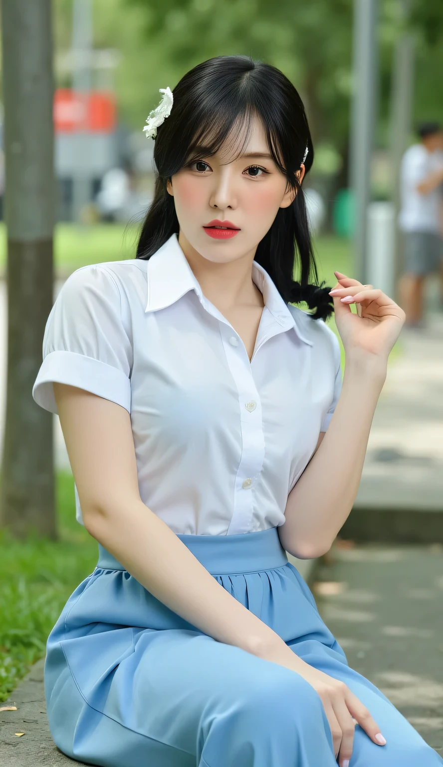 a woman, sitting strapping in a city park, shirt looks full body, body facing front, eyes looking at camera , wearing an indonesian school uniform,  Short-sleeved white shirt , long skirt of light blue color, big  size G-cup, thick red lips, seductive face, black color ponytail hair,  all over wet body