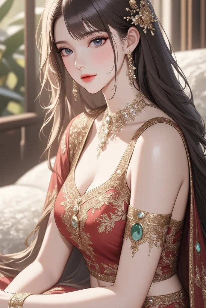A beautiful woman with long white wavy hair with braid, grey eyes, wearing an ornate designer saree with full sleeve blouse standard seductively against wall, extremely detailed hair, extremely detailed eyes, extremely detailed body, (best quality,4k,8k,highres,masterpiece:1.2),ultra-detailed,(realistic,photorealistic,photo-realistic:1.37),detailed long drop dangle earrings, saggy breasts, elegant, intricate, cinematic lighting, necklace, bangles , lipstick,hair accessories,navel ring,nose ring ,long necklaces,rings,