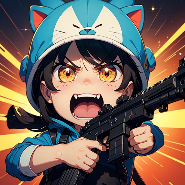 girl, light blue hair, wearing hood, yellow firefighter clothing, holding giant axe, winking, city with fire, full length shot.