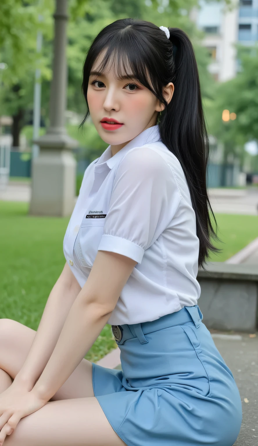 a woman, sitting strapping in a city park, shirt looks full body, body facing front, eyes looking at camera , wearing an indonesian school uniform, short skirt of light blue color, big size G-cup, thick red lips, seductive face, black color ponytail hair, all over wet body