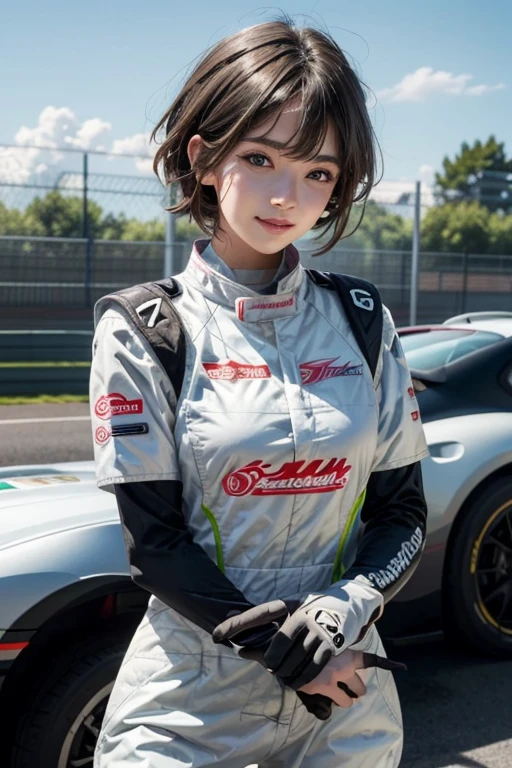 1 woman、Saw, (nffsw), Curve, Attractive, Short hair, Beautiful detailed eyes, Absurd, hight resolution, ultra-detailliert, (Highest image quality), (master work), (Detailed description of the eyes), (8K Wallpaper), (Detailed description of face), depth of fields, (lens reflection), Standing, Lexus IS350 GT300 Base Model '08 Horizontal, Black Race Car, (F1_Racing_Suit), Realistic, stunning visuals, Automotive Stickers, Beach Circuit, A clear day