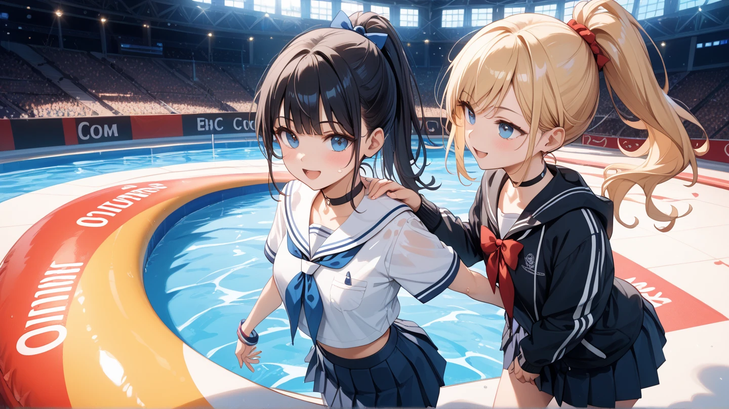 school girls, school uniform, black thigh-high stockings, water war, Get wet, soaking wet, buzzer, pool, A bright smile, have fun