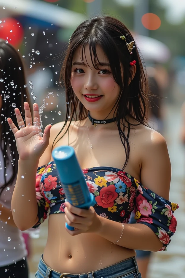 ((masterpiece, highest quality)),Beautiful Japanese woman attacked by giant squid in Ameyoko and splashed with ink、Completely naked、Pussy、Body covered in ink、Everyone around me is laughing、
