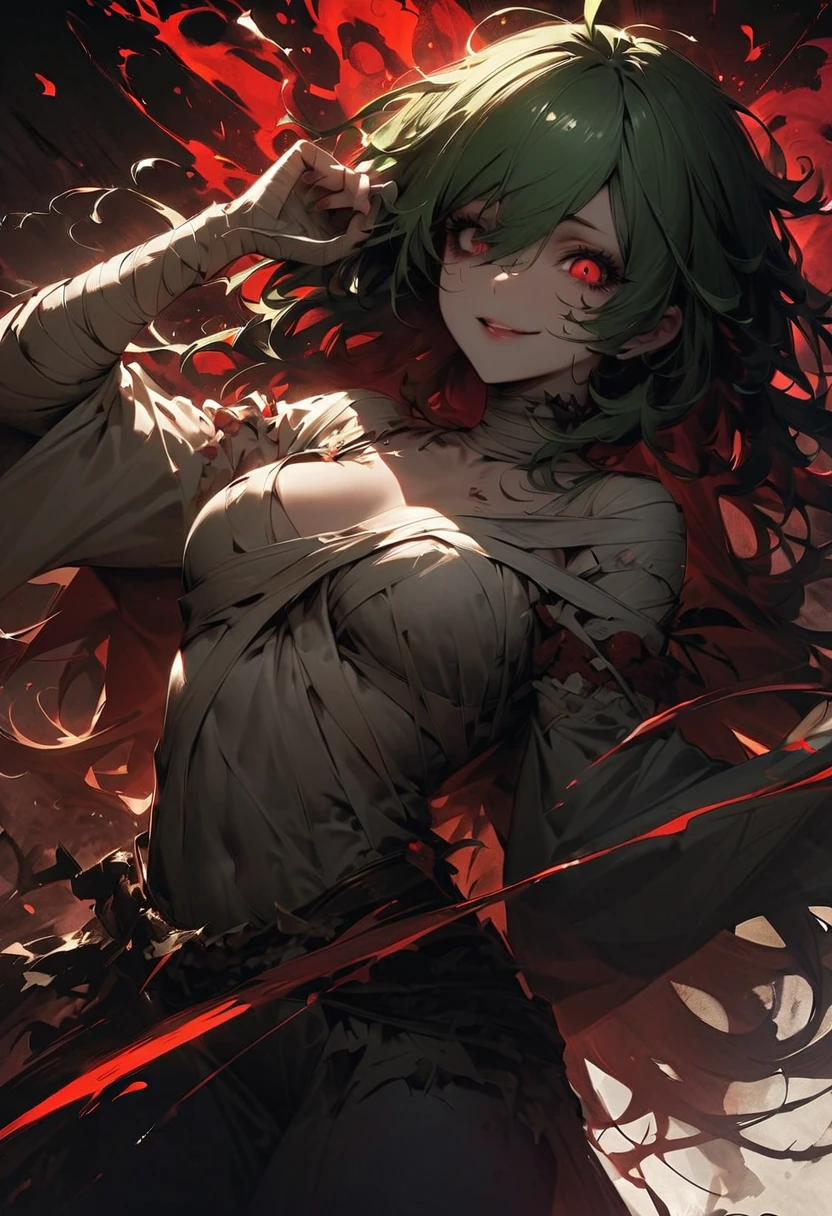 atmosfera chuva sangue sombrio horror devil close up happy women, KIO kusanagi sexy + vegeta girl big tits feridos e machucados VENOM transformation bangs, portrait, top, red withe hair, espetado com gel, verdes, crayon drawing, anime, pale skin, lightbeams, cinematic light, digital art, intricate, oil on canvas, masterpiece, expert, insanely detailed, 4k resolution, fairy tale illustration, fantasy
