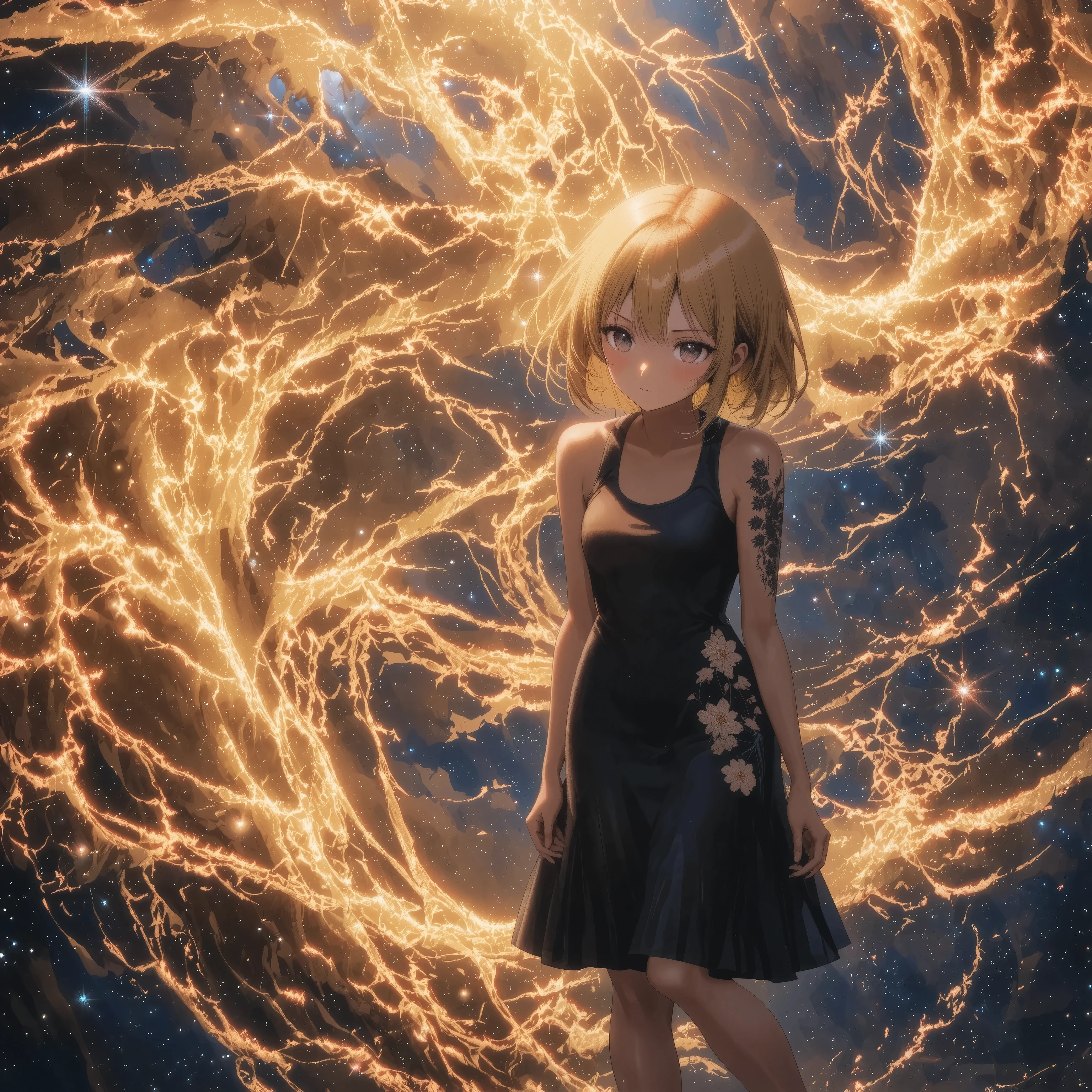 One Girl Staring at the Galaxy +goddess +Dark Matter Swordsman +What defies the laws of physics +Textured Brown Skin +[Toned Arms、solo、Cosmic Microwave Background Radiation with a Beautiful Glow、(kogyaru)+Crazy Expression